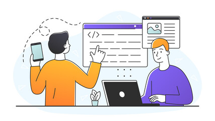 Young male programmer is working on web development on laptop. Concept of script coding and website programming. Mobile app and computer software developing courses. Flat cartoon vector illustration