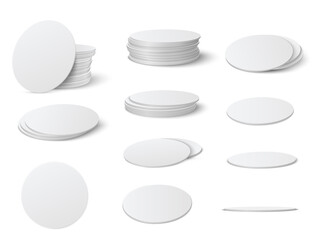 Realistic Round and square table coasters mockup set.