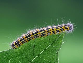 Side view of a caterpillar of large cabbage white butterfly, Pieris brassicae, on top of a green leaf, macro shot with green bokeh