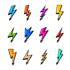 Colored Lightning Bolt Icons Isolated on White. Simple Icon Storm or Thunder and Lightning strike. Flash Symbol, Thunderbolt. Simple Cartoon Lightning Strike Sign