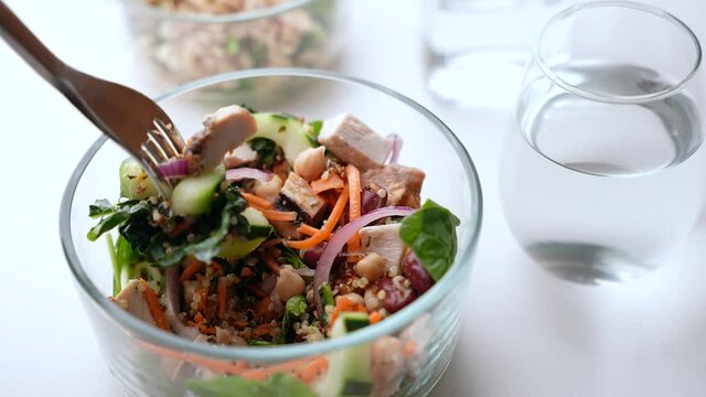 healty salad with chicken and quinoa, red bean, chickpeas