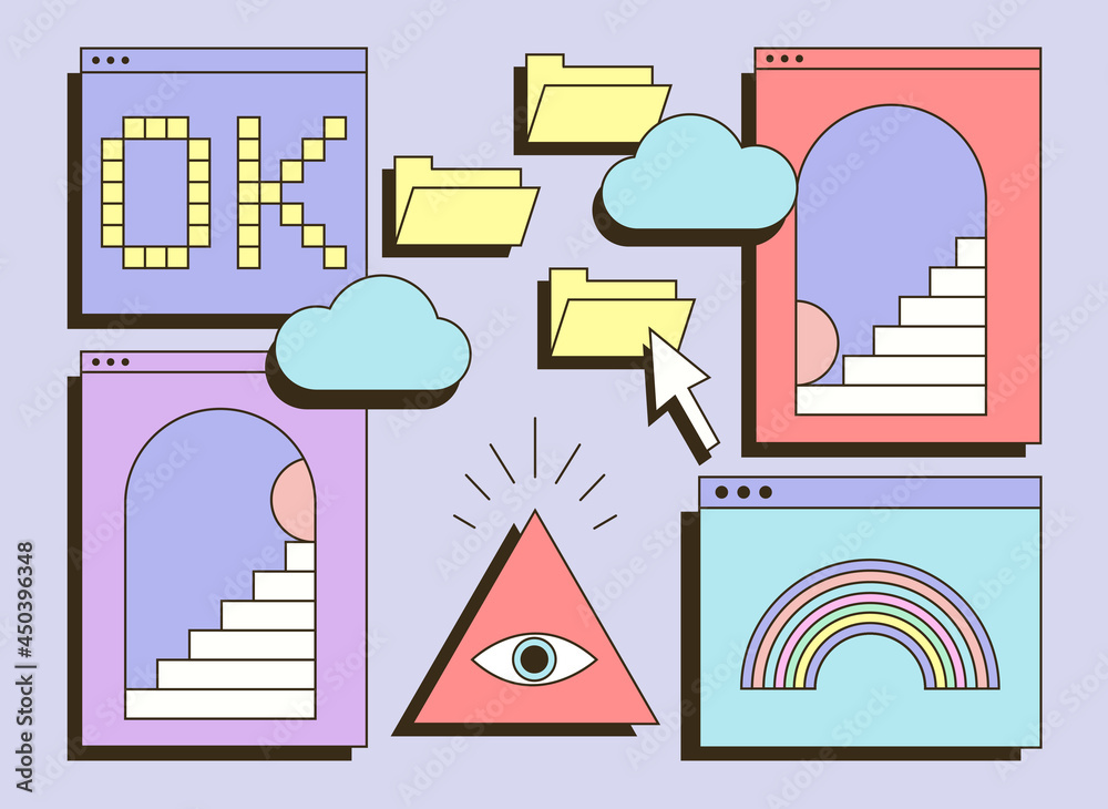 Poster cute colorful retro vaporwave desktop with message boxes and user interface elements. concept of old