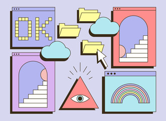 Cute colorful retro vaporwave desktop with message boxes and user interface elements. Concept of old computer desktop with virus, spyware, ransomware. Flat cartoon vector illustration