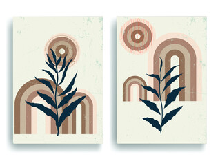 Modern poster with minimalist design elements . Retro lines and leaves in Boho style  . Wall art , home deco . Vector abstract shape.