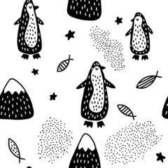 Childrens vector pattern with funny penguins in scandinavian style