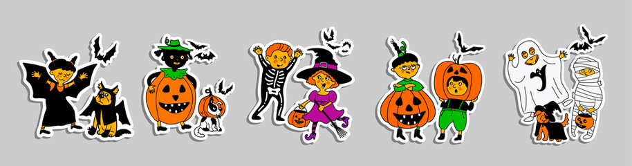 Children in Halloween costumes. Halloween kids. Children in bright costumes .Bright characters for postcards, invitations