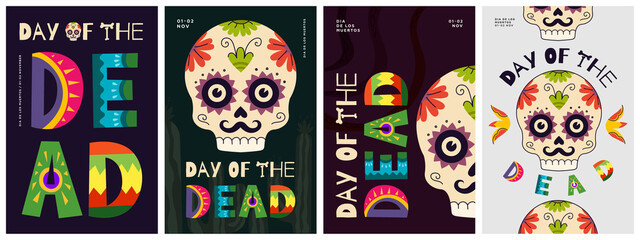 Dia de Los Muertos poster set. Mexican Day of the Dead national festival greeting cards with colorful lettering and skull. Mexico religious november holiday flyers vector eps design templates
