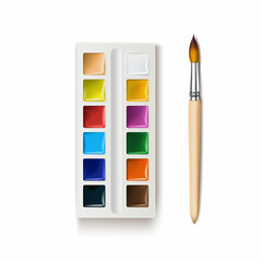 watercolor paint with brush. Use as an icon, symbol for creativity, art school or child development, drawing lesson at school. Vector stock isolated illustration. Flat lay