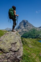trekker on Tour de l Ossau and Ayous lakes tour, Pyrenees National Park, Pyrenees Atlantiques,...