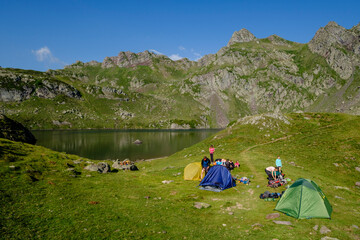 Fototapeta na wymiar camp on Lac Bersau, Ayous lakes tour, Pyrenees National Park, Pyrenees Atlantiques, France