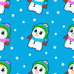 Fototapeta na wymiar Christmas vector seamless pattern with Snowman boy and girl on blue background. Cute Winter Snow characters in cartoon style with snowflakes for wrapping paper, New Year greeting cards, textile