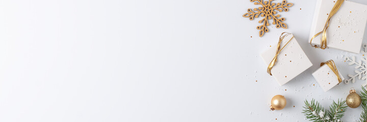 Christmas decorations with gifts on white background. Flat lay, copy space