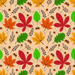Vector seamless pattern with autumn elements: acorns, various leaves, autumn floral elements. A bright, repetitive texture for the autumn season.It is used for wrapping paper, packaging, books.