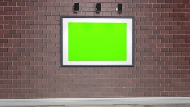 A room or office with a green screen photo frame or painting hanging on the wall.