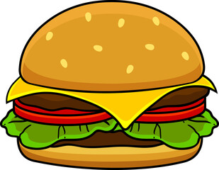 Cartoon Classic Double Cheeseburger With Cheese, Beef Patties Or Steak, Tomato And Lettuce. Vector Hand Drawn Illustration Isolated On Transparent Background