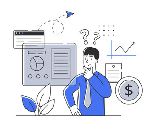 Young confused male character is working on document with infographics in office. Concept of scenes with men and women taking part in everyday business activities. Flat cartoon vector illustration