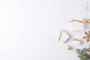Christmas decorations with gifts on white background. Flat lay, copy space