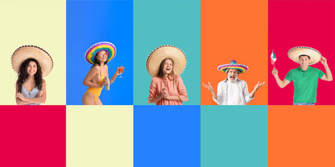 Set of Mexican people in sombrero hats on color background