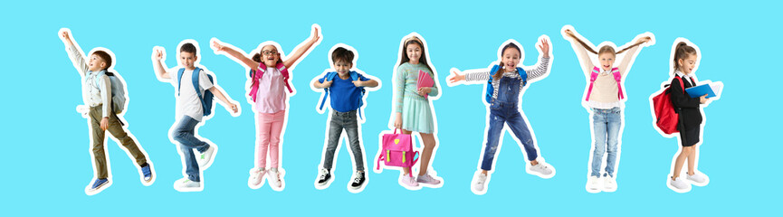 Jumping little girl on color background