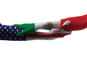 Hands painted in colors of Mexican and USA flags on white background - obrazy, fototapety, plakaty