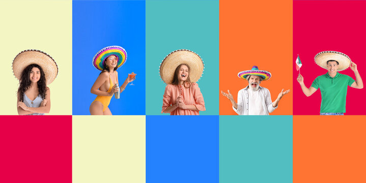 Set Of Mexican People In Sombrero Hats On Color Background