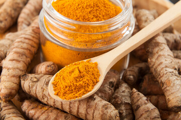 Fresh organic root and turmeric powder - Curcuma longa; Healthy Food.