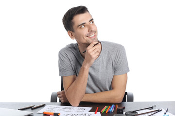 Thoughtful male calligrapher on white background