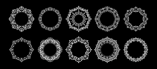 Set of decorative frames Elegant vector element for design in Eastern style, place for text. Floral black and white borders. Lace illustration for invitations and greeting cards.