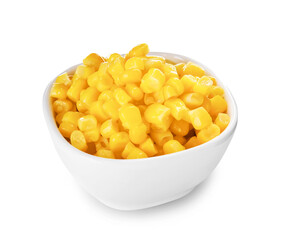 Bowl of corn kernels on white background