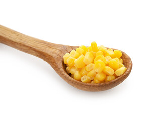 Wooden spoon of corn kernels on white background