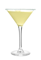 Glass with tasty daiquiri cocktail on white background