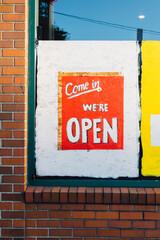 Come in we're open restaurant bar cafe small business hand painted wall window sign