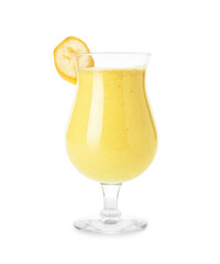 Glass of tasty banana daiquiri cocktail on white background