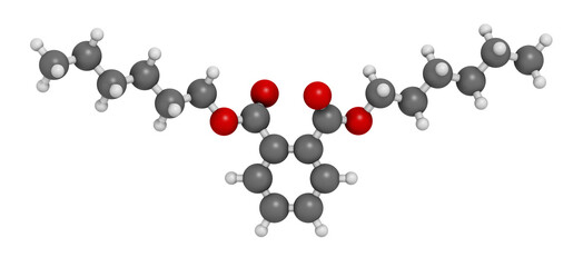 Di-n-hexyl phthalate (DNHP) plasticizer molecule. 3D rendering.