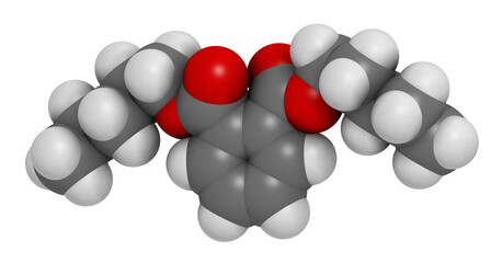 Di-n-pentyl phthalate (DNPP) plasticizer molecule. 3D rendering.