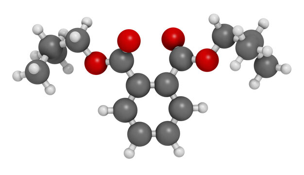 Diisobutyl phthalate (DIBP) plasticizer molecule. 3D rendering.