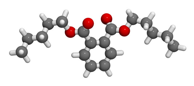 Di-n-pentyl phthalate (DNPP) plasticizer molecule. 3D rendering.