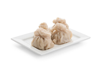 Plate with tasty dumplings on white background