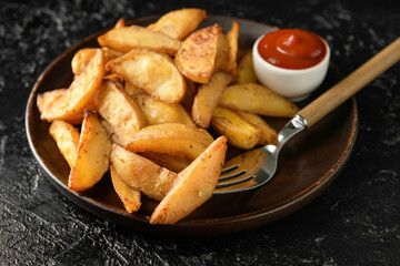 Plate with tasty baked potato and sauce on dark background