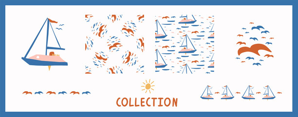 Whimsical henri matisse style cut out shape boat pattern set. Seamless collage retro allover print collection. Trendy playfull baby nursery decor, scandi, decorative child prints. Vector swatches