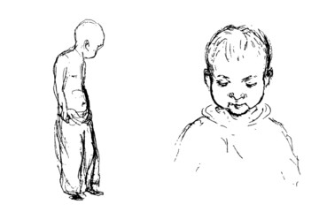 Two rough black and white sketches of a young child in clothes. Vector set.