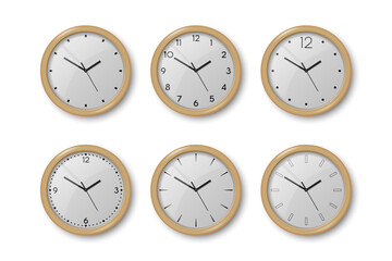 Vector 3d Realistic Brown Wooden Wall Office Clock Icon Set Isolated on White. White Dial. Design Template of Wall Clock Closeup. Mock-up for Branding and Advertise. Top, Front View