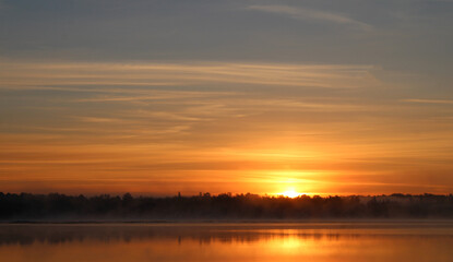 Sun Peeking Over Trees with Orange Clouds