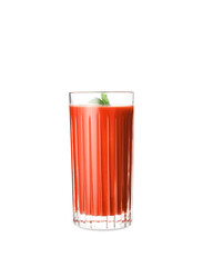 Glass of tasty tomato juice on white background