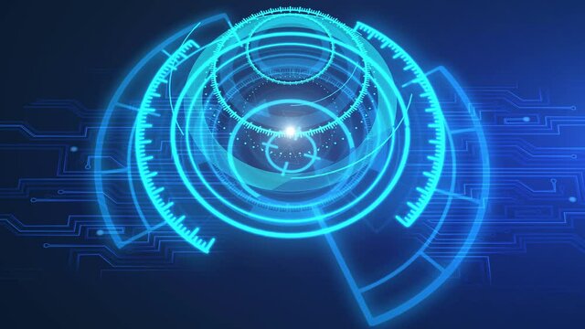4K Futuristic interface, Hologram, Sci fi Technology loop background. Circle hud head up display interface target pointer futuristic cyber technology. Futuristic Artificial Intelligence engine in 3d