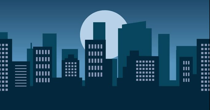 Magnificent urban buildings in dark at night with a big moon behind them in an animated video