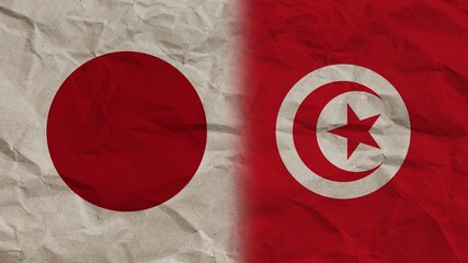 Tunisia and Japan Flags Together, Crumpled Paper Effect Background 3D Illustration
