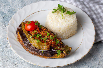 Traditional delicious Turkish food; Meat and Eggplant dish, (Turkish name; Karniyarik)