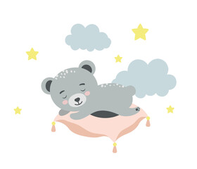 Cute Bear sleeping on the pillow. Baby animal concept illustration for nursery, character for children.