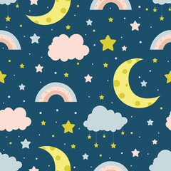 Seamless children pattern with clouds, moon and stars. Creative kids texture for fabric, wrapping, textile